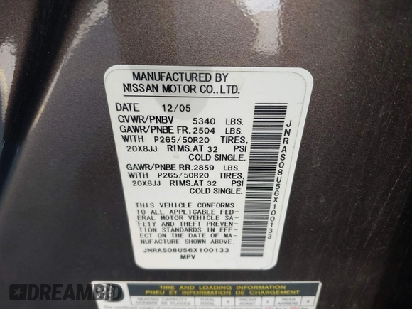 2006 Infiniti FX with VIN JNRAS08U56X100133, listed as a IAAI auction lot 41630866 with 191,231 mi miles. Bid and sale history available at carsss.com. Image 9.