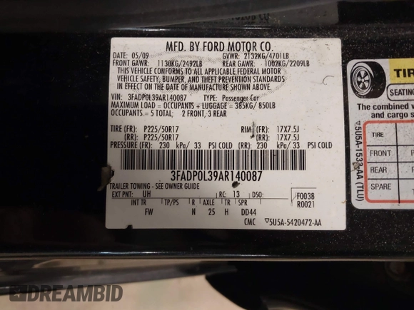 2010 Ford Fusion Hybrid with VIN 3FADP0L39AR140087, listed as a IAAI auction lot 41737705 with 118,563 mi miles. Bid and sale history available at carsss.com. Image 9.