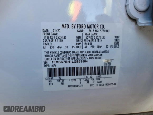 2020 Ford Explorer with VIN 1FMSK7BH1LGB63584, listed as a Copart auction lot 86996234 with 71,630 mi miles and Salvage Title. Bid and sale history available at carsss.com. Image 15.
