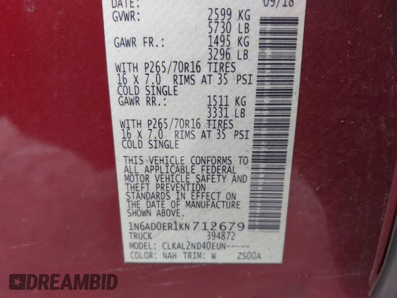 2019 Nissan Frontier SV z VIN 1N6AD0ER1KN712679, wystawiony jako IAAI lot #41973616 z przebiegiem 116 314 mil mil oraz . Historia ofert i sprzedaży dostępna na DreamBid. Obrazek 9.