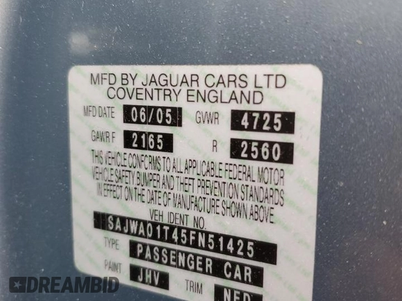 2005 Jaguar S-Type z VIN SAJWA01T45FN51425, wystawiony jako Copart lot #86682684 z przebiegiem 53 218 mil mil oraz Czysty tytuł • Clean title. Historia ofert i sprzedaży dostępna na DreamBid. Obrazek 12.