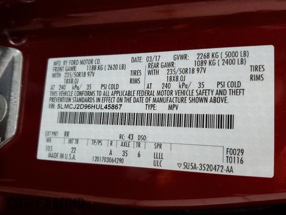 2017 Lincoln MKC Select z VIN 5LMCJ2D96HUL45867, wystawiony jako Copart lot #57597325 z przebiegiem 73 147 mil mil oraz Szkoda całkowita • Salvage title. Historia ofert i sprzedaży dostępna na DreamBid. Obrazek 13.