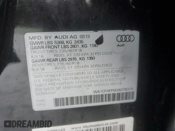2013 Audi Q5 Premium with VIN WA1CFAFP6DA078315, listed as a Copart auction lot 44717025 with 124,784 mi miles and Non repairable. Bid and sale history available at DreamBid. Image 15.