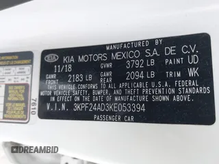 2019 Kia Forte LXS with VIN 3KPF24AD3KE053394, listed as a IAAI auction lot 41960505 with 90,406 mi miles. Bid and sale history available at carsss.com. Image 9.