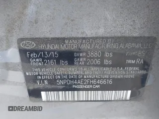 2015 Hyundai Elantra SE with VIN 5NPDH4AE2FH646616, listed as a IAAI auction lot 42101176 with 105,434 mi miles and . Bid and sale history available at DreamBid. Image 9.