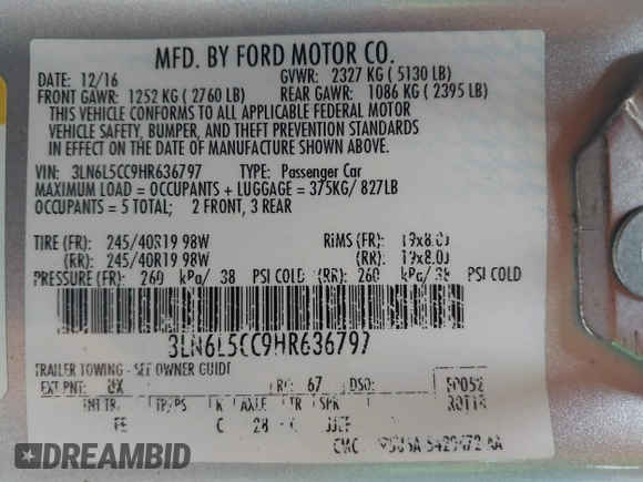 2017 Lincoln MKZ Select with VIN 3LN6L5CC9HR636797, listed as a IAAI auction lot 41453457 with 89,367 mi miles. Bid and sale history available at carsss.com. Image 9.