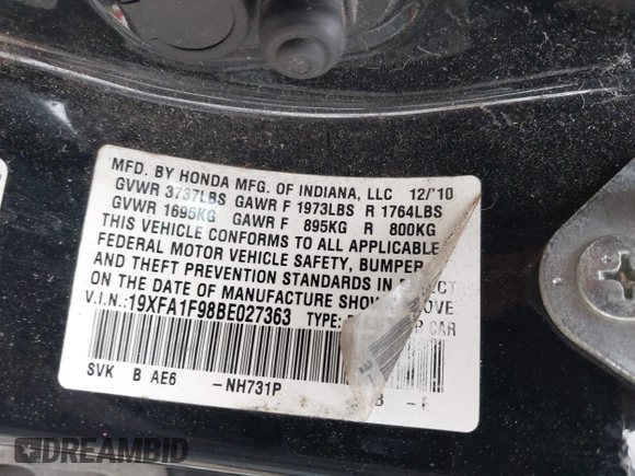 2011 Honda Civic EX-L with VIN 19XFA1F98BE027363, listed as a IAAI auction lot 41872400 with 200,215 mi miles and . Bid and sale history available at DreamBid. Image 9.