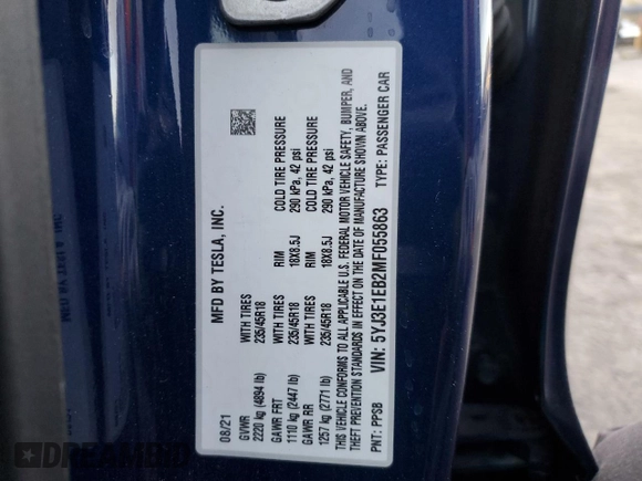 2021 Tesla Model 3 Long Range with VIN 5YJ3E1EB2MF055863, listed as a Copart auction lot 85267844 with 28,141 mi miles and Salvage Title. Bid and sale history available at carsss.com. Image 14.