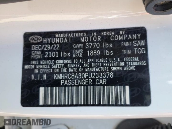 2023 Hyundai Venue SEL with VIN KMHRC8A30PU233378, listed as a Copart auction lot 53204885 with 16,570 mi miles and Salvage title. Bid and sale history available at DreamBid. Image 14.