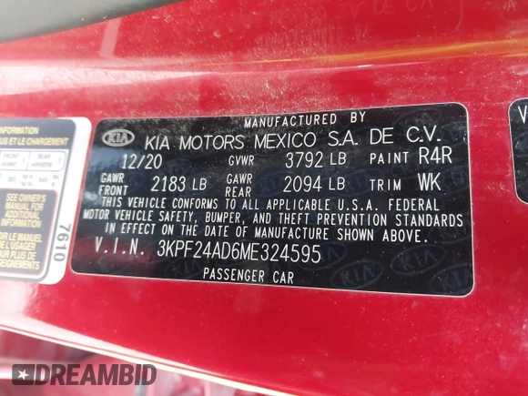 2021 Kia Forte LXS z VIN 3KPF24AD6ME324595, wystawiony jako IAAI lot #41743563 z przebiegiem 54 597 mil mil oraz . Historia ofert i sprzedaży dostępna na DreamBid. Obrazek 9.