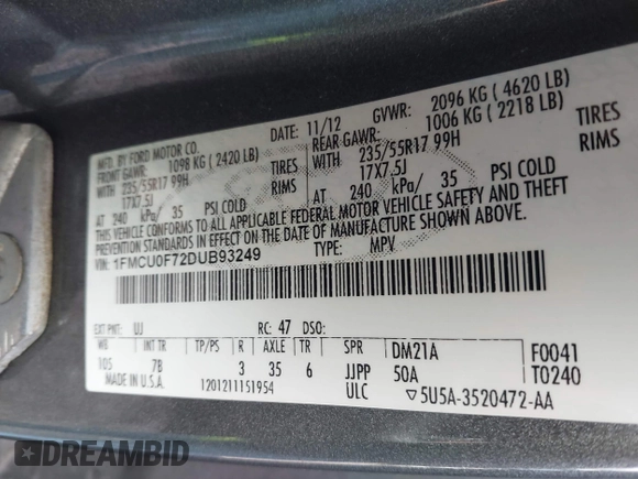 2013 Ford Escape S with VIN 1FMCU0F72DUB93249, listed as a IAAI auction lot 42009262 with 183,573 mi miles. Bid and sale history available at carsss.com. Image 9.