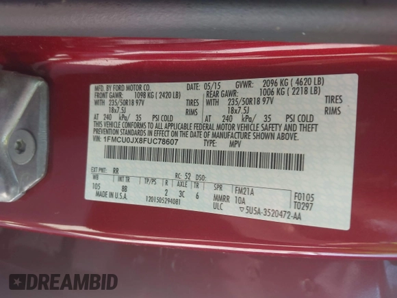 2015 Ford Escape Titanium with VIN 1FMCU0JX8FUC78607, listed as a IAAI auction lot 42000719 with 148,482 mi miles. Bid and sale history available at carsss.com. Image 9.
