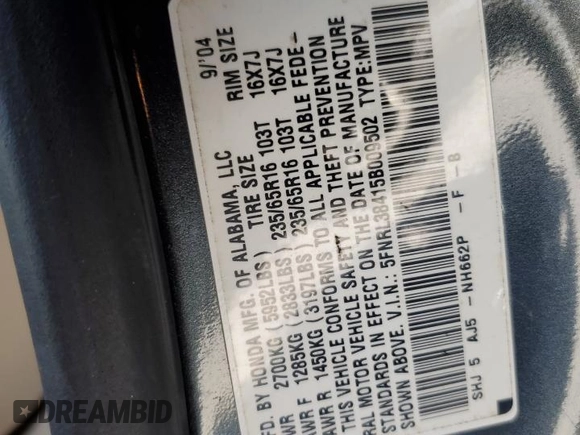 2005 Honda Odyssey EX with VIN 5FNRL38415B009502, listed as a Copart auction lot 53872455 with 205,051 mi miles and Salvage title. Bid and sale history available at DreamBid. Image 13.
