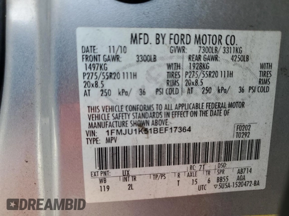 2011 Ford Expedition Limited with VIN 1FMJU1K51BEF17364, listed as a Copart auction lot 54150075 with Not provided miles and Salvage title. Bid and sale history available at DreamBid. Image 14.