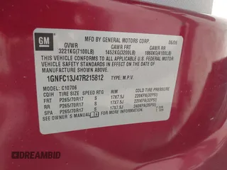 2007 Chevrolet Tahoe LT with VIN 1GNFC13J47R215812, listed as a IAAI auction lot 41794601 with 229,970 mi miles and . Bid and sale history available at DreamBid. Image 9.