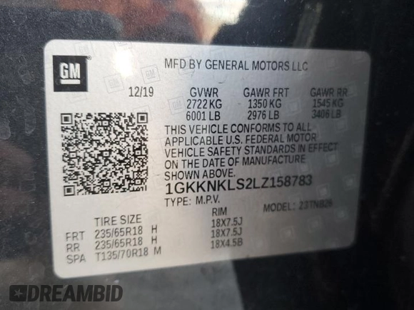 2020 GMC Acadia SLE with VIN 1GKKNKLS2LZ158783, listed as a Copart auction lot 86223404 with 118,161 mi miles and Non Repairable. Bid and sale history available at DreamBid. Image 13.