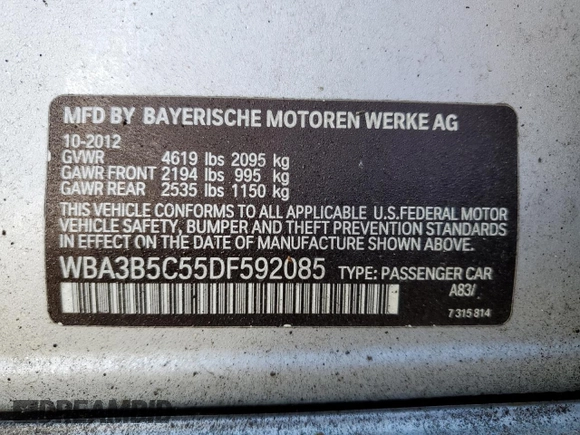 2013 BMW 3 Series 328i xDrive with VIN WBA3B5C55DF592085, listed as a Copart auction lot 82397564 with 98,545 mi miles and Clean title. Bid and sale history available at DreamBid. Image 13.