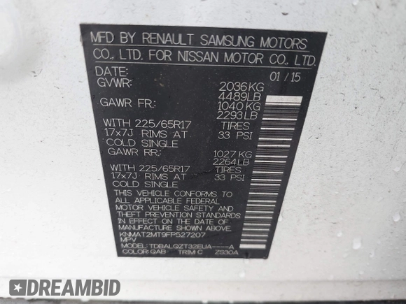 2015 Nissan Rogue S with VIN KNMAT2MT9FP527207, listed as a IAAI auction lot 41927365 with 139,876 mi miles and . Bid and sale history available at DreamBid. Image 9.