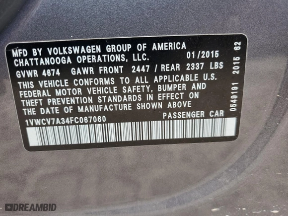 2015 Volkswagen Passat 2.0L TDI SEL Premium with VIN 1VWCV7A34FC067060, listed as a Copart auction lot 51324685 with 231,302 mi miles and Salvage Title. Bid and sale history available at carsss.com. Image 12.