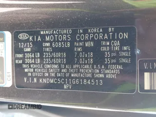 2016 Kia Sedona EX with VIN KNDMC5C11G6184513, listed as a IAAI auction lot 41488816 with 184,476 mi miles. Bid and sale history available at carsss.com. Image 9.