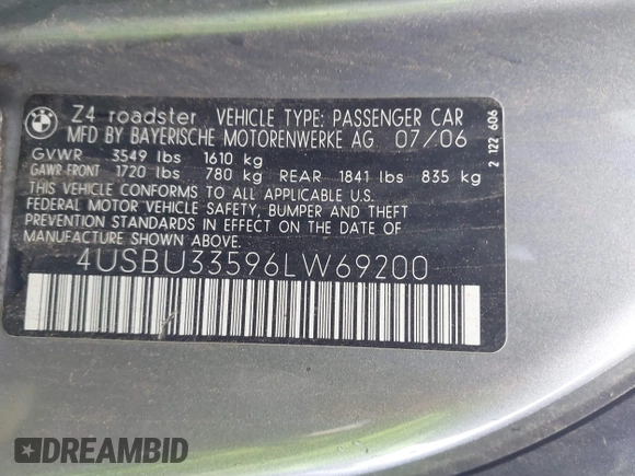 2006 BMW Z4 3.0i with VIN 4USBU33596LW69200, listed as a IAAI auction lot 41774419 with 59,691 mi miles and . Bid and sale history available at DreamBid. Image 9.