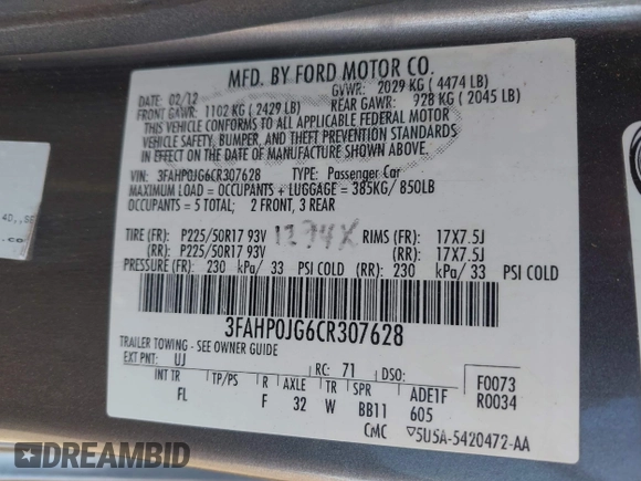 2012 Ford Fusion SEL with VIN 3FAHP0JG6CR307628, listed as a IAAI auction lot 41982612 with 199,602 mi miles. Bid and sale history available at carsss.com. Image 9.