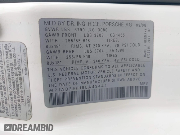 2009 Porsche Cayenne S with VIN WP1AB29P19LA43444, listed as a IAAI auction lot 41465777 with 159,386 mi miles and . Bid and sale history available at DreamBid. Image 9.
