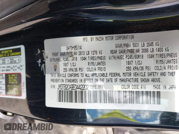 2014 Mazda CX-9 Touring with VIN JM3TB2CA9E0442202, listed as a IAAI auction lot 42292356 with 239,578 mi miles and . Bid and sale history available at DreamBid. Image 9.