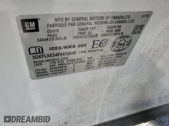 2015 GMC Terrain SLT with VIN 2GKFLXE34F6419549, listed as a Copart auction lot 88963975 with Not Provided miles and Salvage Title. Bid and sale history available at DreamBid. Image 15.
