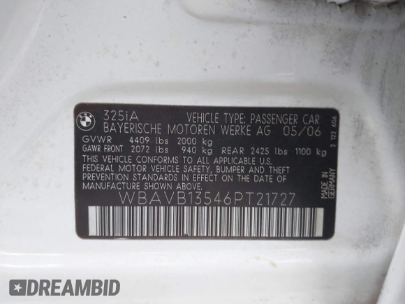 2006 BMW 3 Series 325i with VIN WBAVB13546PT21727, listed as a IAAI auction lot 41723568 with 156,438 mi miles. Bid and sale history available at carsss.com. Image 9.