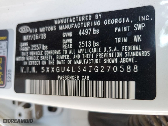 2018 Kia Optima EX with VIN 5XXGU4L34JG270588, listed as a Copart auction lot 46509305 with 53,233 mi miles and Salvage Title. Bid and sale history available at carsss.com. Image 12.