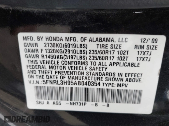 2010 Honda Odyssey Touring with VIN 5FNRL3H95AB040354, listed as a IAAI auction lot 41889501 with 155,069 mi miles. Bid and sale history available at carsss.com. Image 9.