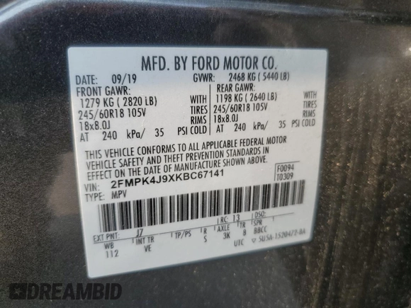 2019 Ford Edge SEL z VIN 2FMPK4J9XKBC67141, wystawiony jako Copart lot #60271615 z przebiegiem 100 400 mil mil oraz Szkoda całkowita • Salvage title. Historia ofert i sprzedaży dostępna na DreamBid. Obrazek 13.