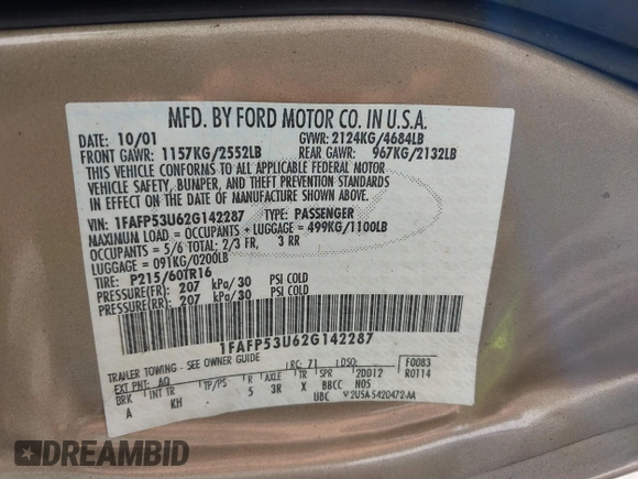2002 Ford Taurus SE Standard with VIN 1FAFP53U62G142287, listed as a IAAI auction lot 42653173 with 58,388 mi miles and . Bid and sale history available at DreamBid. Image 9.