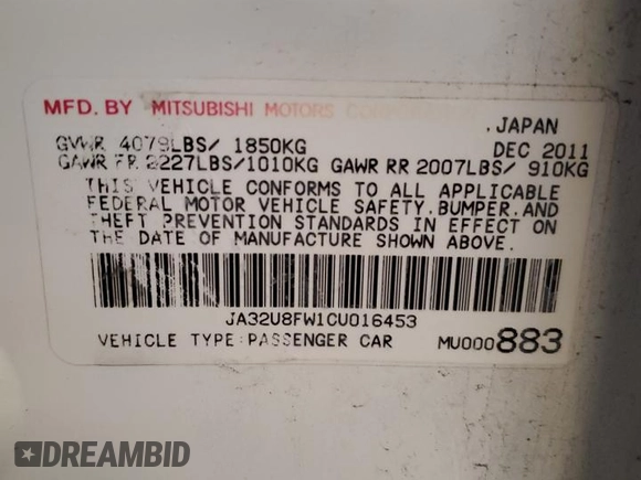 2012 Mitsubishi Lancer GT with VIN JA32U8FW1CU016453, listed as a Copart auction lot 48434765 with 157,995 mi miles and Salvage Title. Bid and sale history available at DreamBid. Image 12.