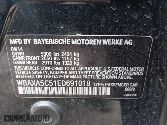 2014 BMW 5 Series 535d with VIN WBAXA5C51ED691018, listed as a IAAI auction lot 41887112 with 174,684 mi miles and . Bid and sale history available at carsss.com. Image 9.