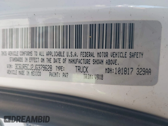 2018 Ram 2500 Tradesman с VIN 3C6UR5CJ2JG379628, выставлен на аукционе IAAI как лот 41920665 с пробегом Не указан миль и . История ставок и продаж доступна на DreamBid. Изображение 9.
