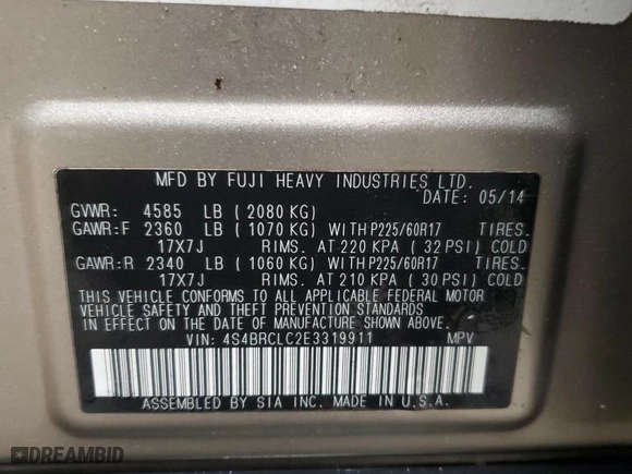 2014 Subaru Outback 2.5i Limited with VIN 4S4BRCLC2E3319911, listed as a Copart auction lot 45873895 with 161,076 mi miles and Clean Title. Bid and sale history available at carsss.com. Image 13.