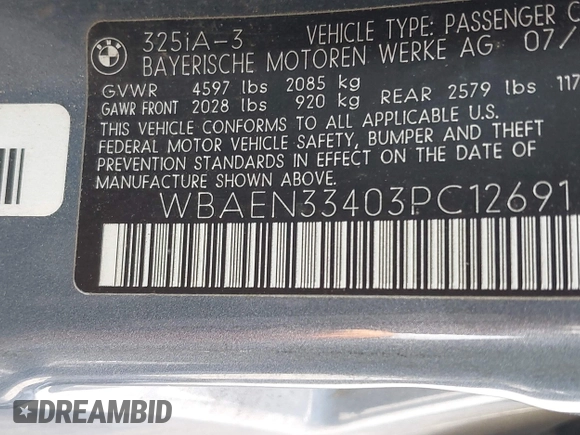 2003 BMW 3 Series 325i with VIN WBAEN33403PC12691, listed as a IAAI auction lot 42100376 with 168,357 mi miles and . Bid and sale history available at DreamBid. Image 9.