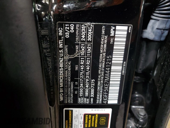 2021 Mercedes-Benz GLS 450 с VIN 4JGFF5KE7MA441215, выставлен на аукционе Copart как лот 51791755 с пробегом 38 676 миль миль и Списание • Salvage title. История ставок и продаж доступна на DreamBid. Изображение 12.