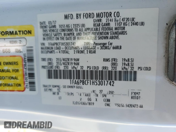 2017 Ford Mustang GT with VIN 1FA6P8CF1H5301742, listed as a Copart auction lot 60895665 with 100,120 mi miles and Salvage title. Bid and sale history available at DreamBid. Image 12.