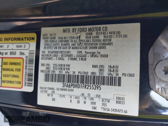 2015 Ford Fusion SE with VIN 3FA6P0HD1FR255395, listed as a IAAI auction lot 40782090 with 132,579 mi miles and . Bid and sale history available at DreamBid. Image 9.