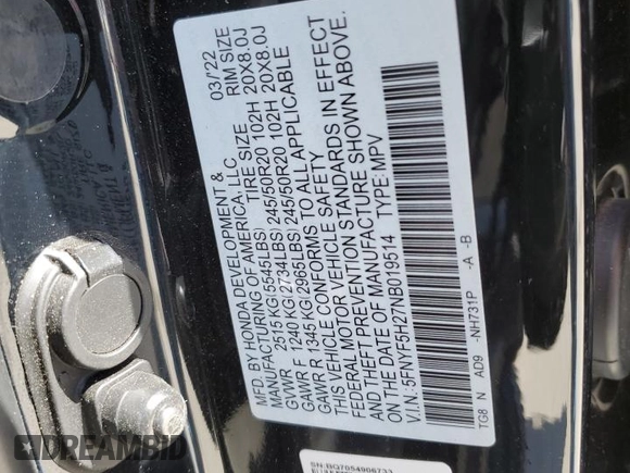 2022 Honda Pilot Special Edition with VIN 5FNYF5H27NB019514, listed as a Copart auction lot 50060775 with 91,998 mi miles and Salvage Title. Bid and sale history available at DreamBid. Image 13.