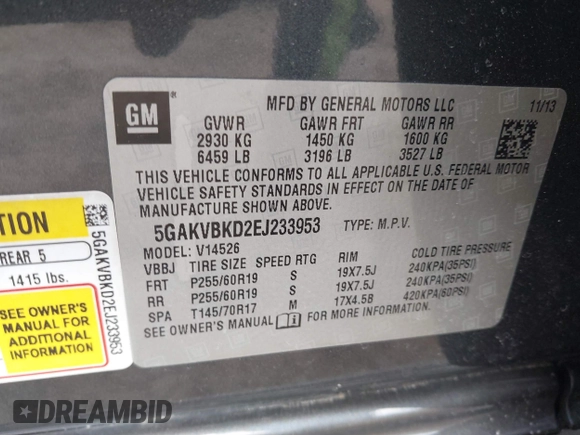 2014 Buick Enclave Leather with VIN 5GAKVBKD2EJ233953, listed as a IAAI auction lot 41658900 with 63,728 mi miles and . Bid and sale history available at DreamBid. Image 9.