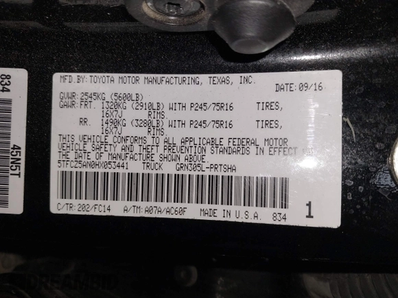 2017 Toyota Tacoma SR5 with VIN 5TFCZ5AN0HX053441, listed as a IAAI auction lot 42376148 with 100,996 mi miles and . Bid and sale history available at DreamBid. Image 9.