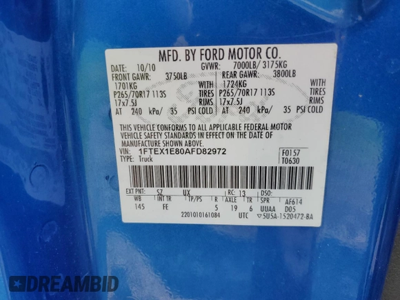 2010 Ford F-150 XL with VIN 1FTEX1E80AFD82972, listed as a Copart auction lot 63809995 with 87,293 mi miles and Clean title. Bid and sale history available at DreamBid. Image 12.