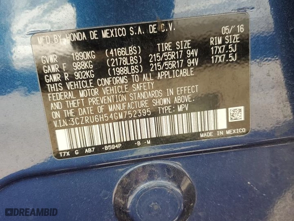2016 Honda HR-V EX with VIN 3CZRU6H54GM752395, listed as a Copart auction lot 49555635 with 93,329 mi miles and Salvage Title. Bid and sale history available at carsss.com. Image 13.
