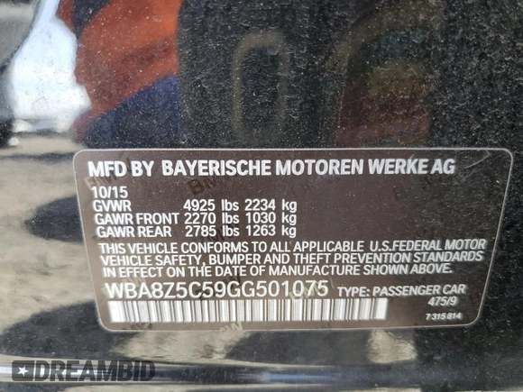 2016 BMW 3 Series 328i Gran Turismo xDrive with VIN WBA8Z5C59GG501075, listed as a Copart auction lot 38088494 with 72,498 mi miles and . Bid and sale history available at carsss.com. Image 12.