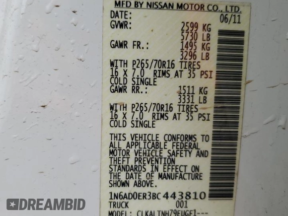 2011 Nissan Frontier SL with VIN 1N6AD0ER3BC443810, listed as a Copart auction lot 58438165 with 138,885 mi miles and Salvage title. Bid and sale history available at DreamBid. Image 12.