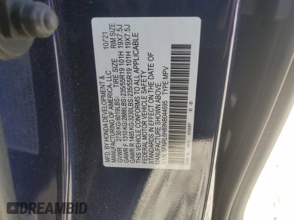 2022 Honda Odyssey Touring with VIN 5FNRL6H89NB044695, listed as a Copart auction lot 87219114 with 34,030 mi miles and Salvage Title. Bid and sale history available at DreamBid. Image 15.